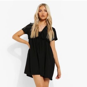 BOOHOO Linen Look V Neck Tie Detail Smock Dress